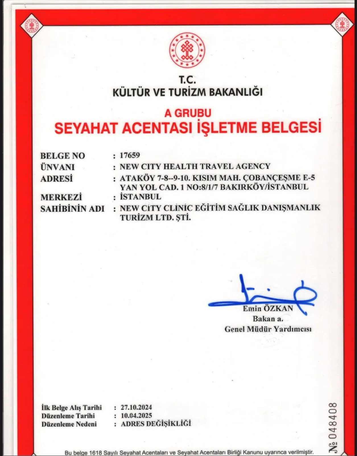 Certificado TÜRSAB de New City Clinic